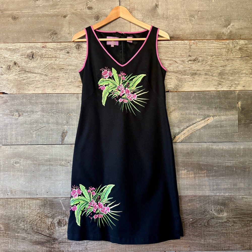 CJ Laing Tropical Floral Embroidered Shift Dress L Black Pink Preppy Resort Vaca